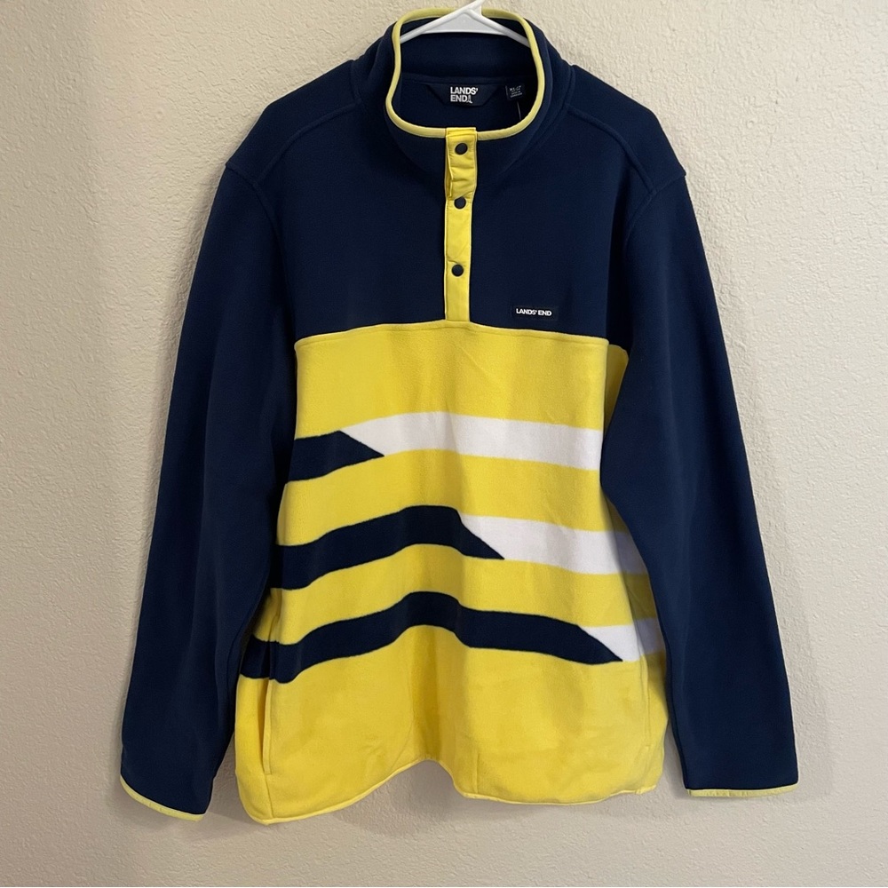 Lands' End Men's Heritage Fleece  Pullover XL Tall Color block Yellow Blue NWT